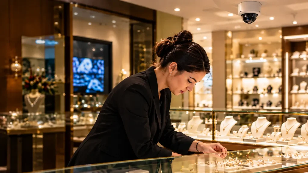 Jewellery store employee arranging rings in a glass display case under a ceiling-mounted security camera