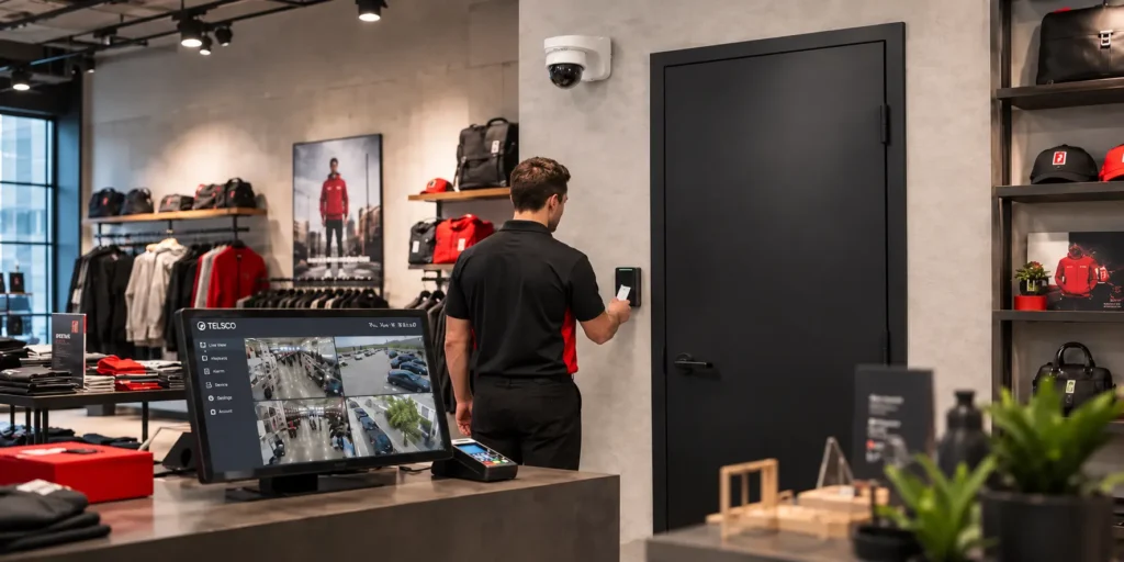 Technician using a card access reader in a retail clothing store with a wall-mounted security camera and live video monitor at the checkout counter